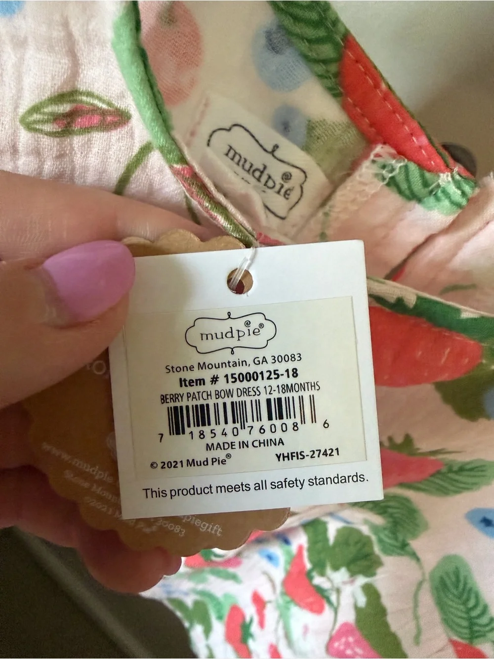 Mud Pie Girls 12-18M Pink Fruit Floral Muslin Cotton Dress Bow NWT Cold Shoulder